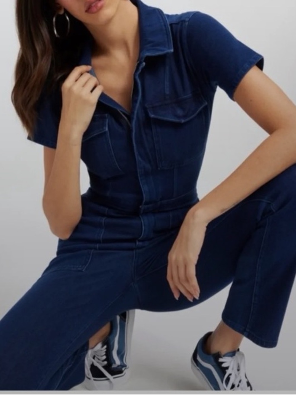 Good American Navy Short-Sleeve Denim Jumpsuit